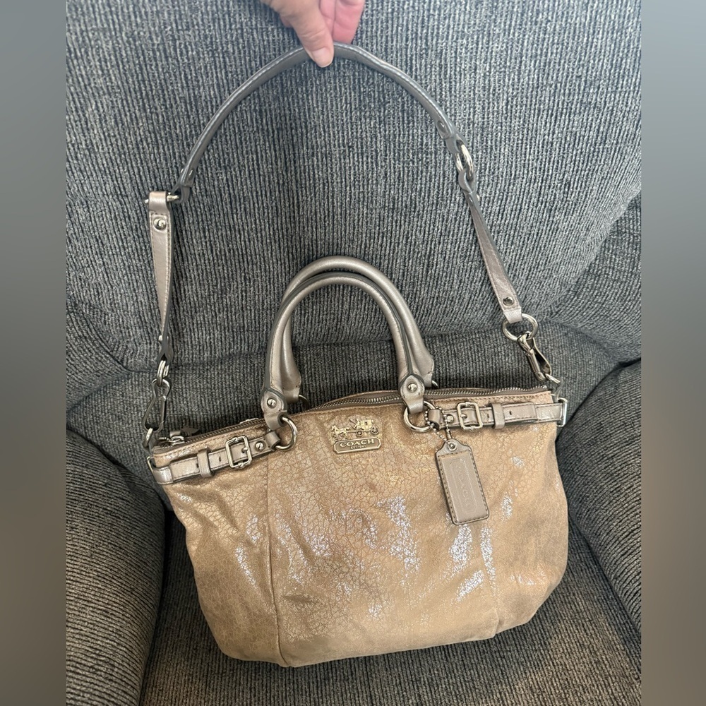 Coach Tan Metallic  Madison Satchel with Double Handles and Detachable Strap - Picture 2 of 15